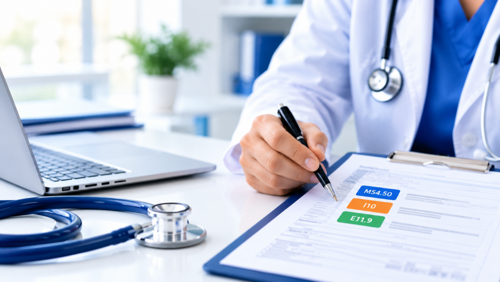 Profesional de la salud con estetoscopio revisando un formulario con códigos de diagnóstico junto a una laptop